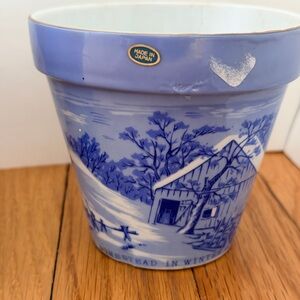 Set of 3 Vintage Currier & Ives Blue & White Planters – Winter Homestead Scenes